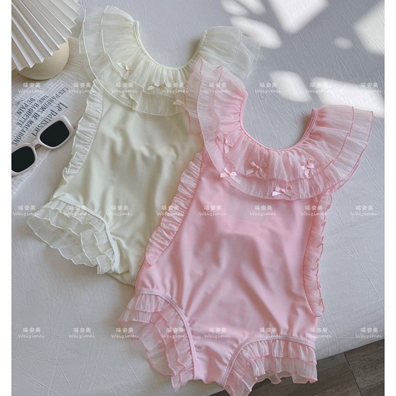 夏季新款女童连体泳衣洋气甜美蝴蝶结中小童女宝海边沙滩游泳温泉