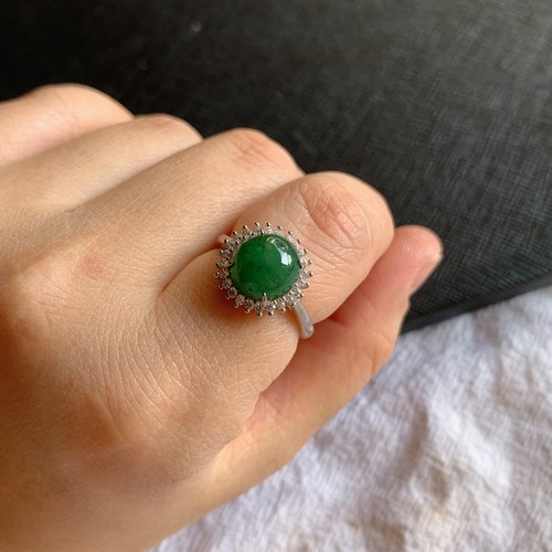 缅甸天然A货翡翠925银冰糯种满色蛋面戒指老坑玉翡翠蛋面活口戒指