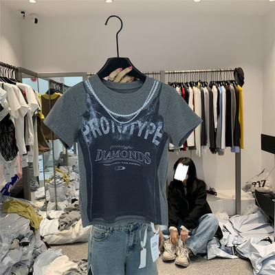 917 韩版复古做旧夏季短袖T恤女辣妹风假两件珍珠领印花短款上衣