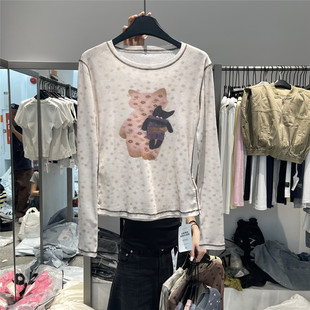 917 韩版卡通猫咪波点网纱长袖T恤女夏季新款明线设计显瘦打底衫