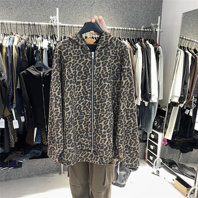 917 2025秋冬中长款欧货潮牌豹纹连帽卫衣街头风复古开衫带帽外套