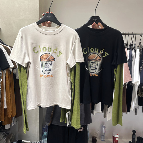 DANPIN单品 2026秋季新款撞色网纱长袖拼接假两件减龄长袖t恤上衣