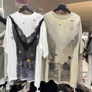 印花宽松显瘦短袖 蕾丝拼接假两件T恤做旧牛仔裤 上衣 2026夏季 917