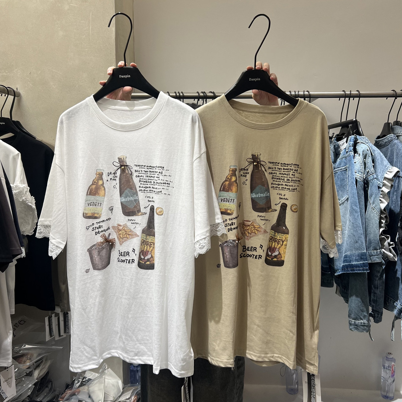 单品DANPIN 啤酒瓶印花蕾丝袖口短袖T恤女夏季新款宽松慵懒风上衣