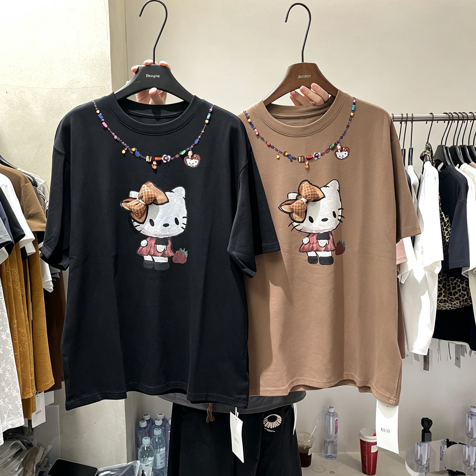DANPIN单品 韩系TK猫印花短袖T恤女秋季新款假项链设计感宽松上衣