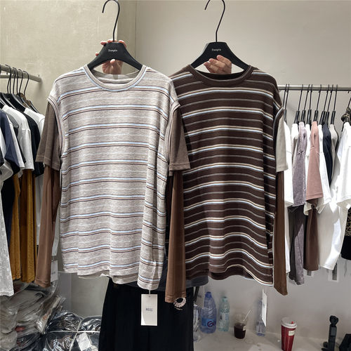 DANPIN单品 假两件条纹长袖tee秋季撞色拼接松弛感圆领套头上衣女