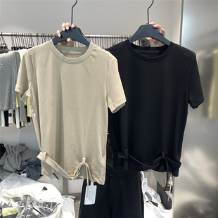 917 2026夏季新款侧边系带收腰T恤女修身显瘦纯色基础款短袖上衣