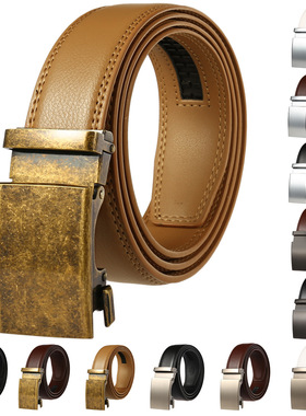 古铜扣真皮腰带土黄色自动扣皮带平滑扣3.0男女时尚休闲牛皮皮带