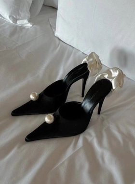 CAIsmaLL白玫瑰绸缎高跟鞋女法式尖头珍珠凉鞋细跟名媛宴会凉拖鞋
