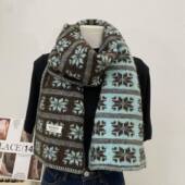 波西米亚雪花几何印花薄荷绿咖色撞色羊毛混纺小围巾短款 围脖亲子