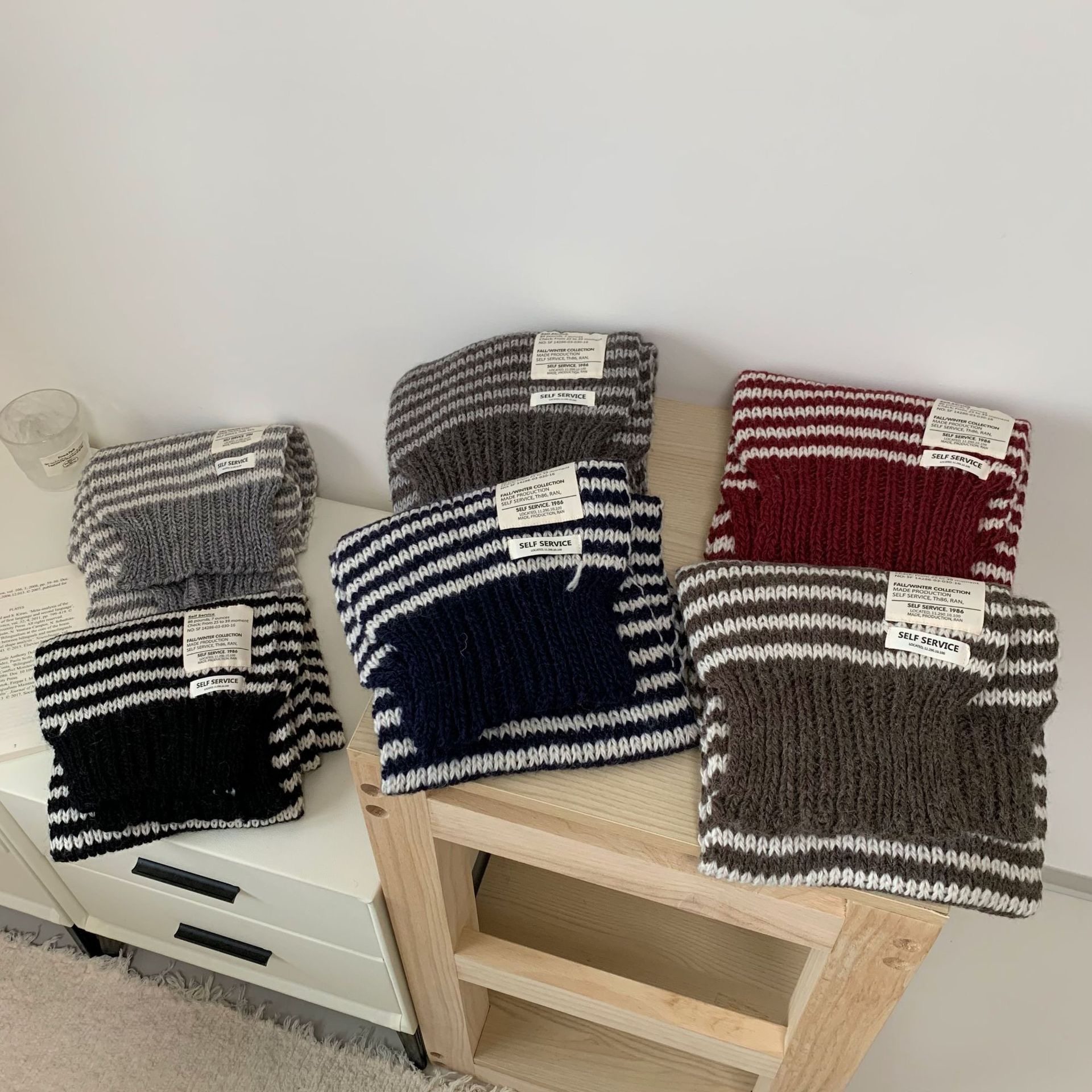 东大门含羊毛冬季黑白条纹围巾