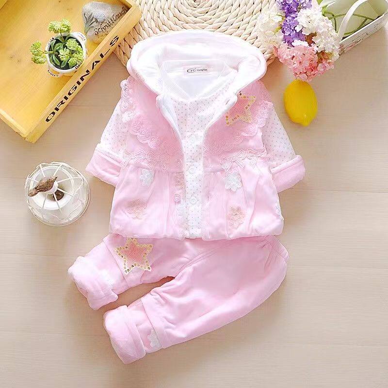 女宝宝春秋冬夹棉套装01-2周岁3新生婴儿薄棉衣服冬装加厚三件套