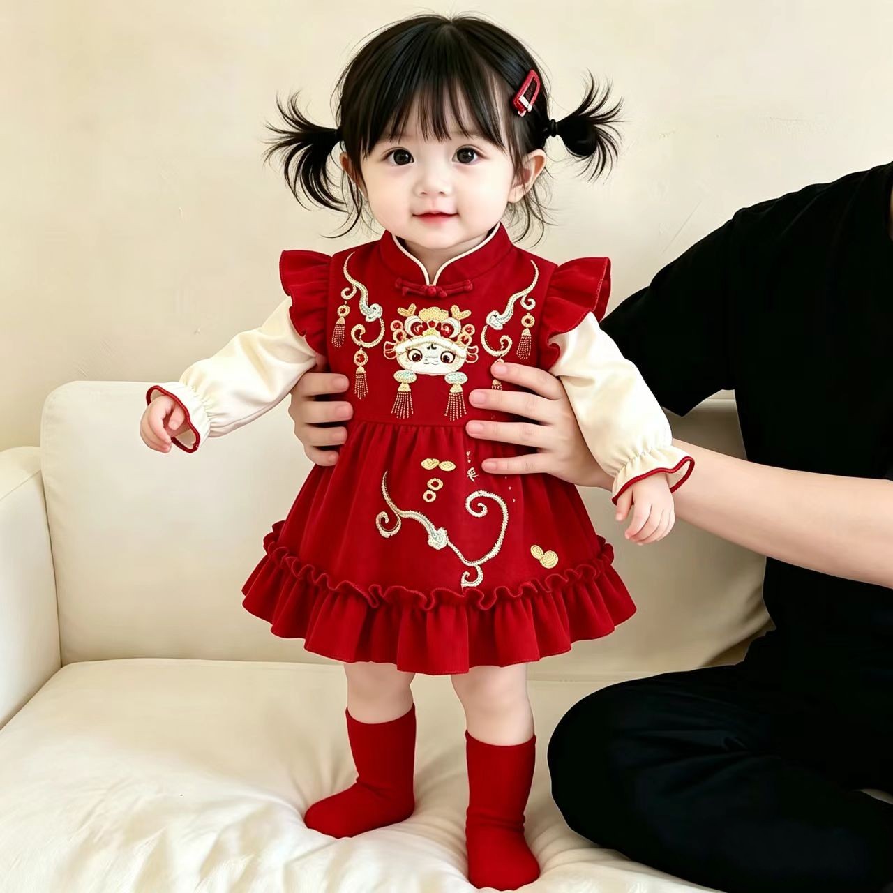 中式红色百天周岁女童礼服公主裙图片