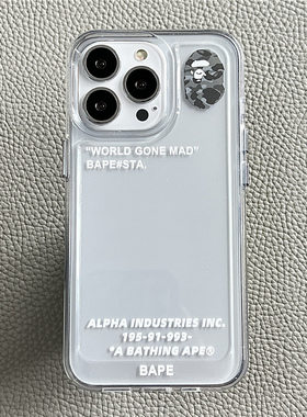 简约英文灰色猿猴适用15苹果13promax手机壳16新款12pro透明11防摔太空壳亚克力x潮牌外壳xr个性plus保护套pm