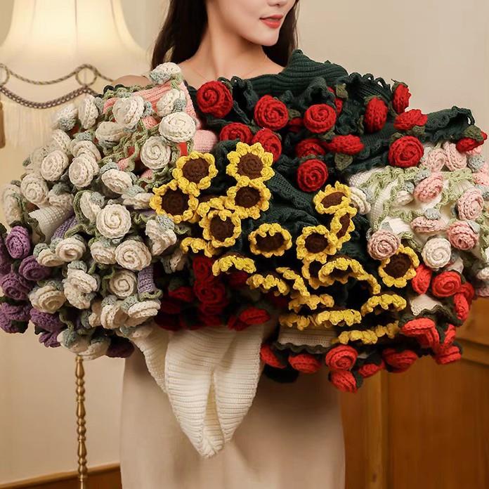 针织花束毯成品毛线玫瑰花束毯子钩织手工编织花朵铃兰花毛毯花卉