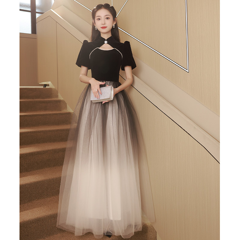 黑色晚礼服女轻奢小众高级感渐变网纱裙生日party学生艺考成人礼_虎窝淘