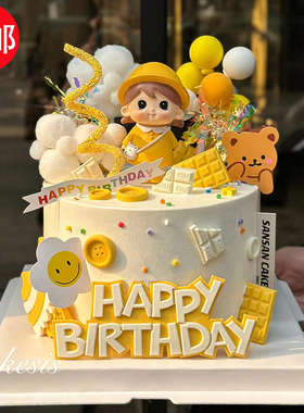 包邮黄衣萌萌小女孩生日蛋糕装饰摆件黄色帽子可爱背包女娃娃插件