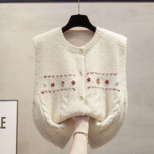 手工花开衫圆领针织马甲背心女2025春季新款韩版短款无袖毛衣坎肩