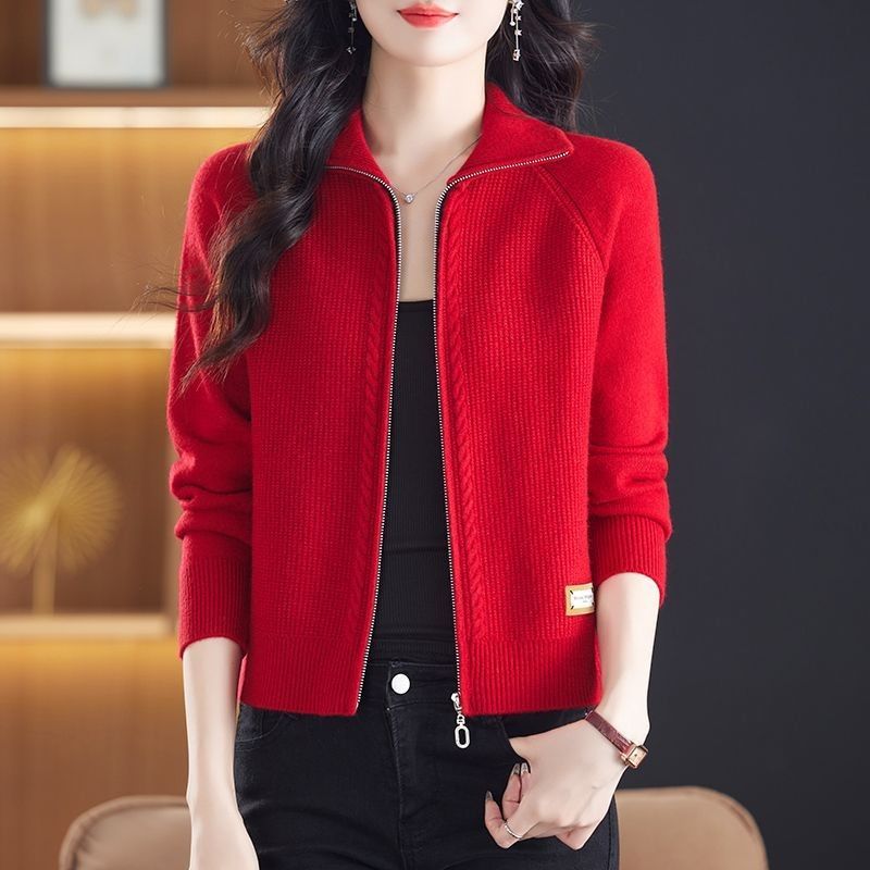 翻领拉链针织开衫毛衣外套女秋冬韩版软糯洋气百搭时尚宽松上衣潮