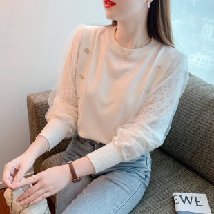 冰丝针织衫女雪纺拼接上衣2025春装新款韩版长袖宽松圆领钉珠百搭