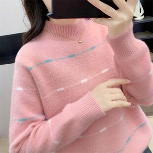 设计感半高领条纹仿水貂绒毛衣女秋冬季新款时尚洋气软糯百搭上衣