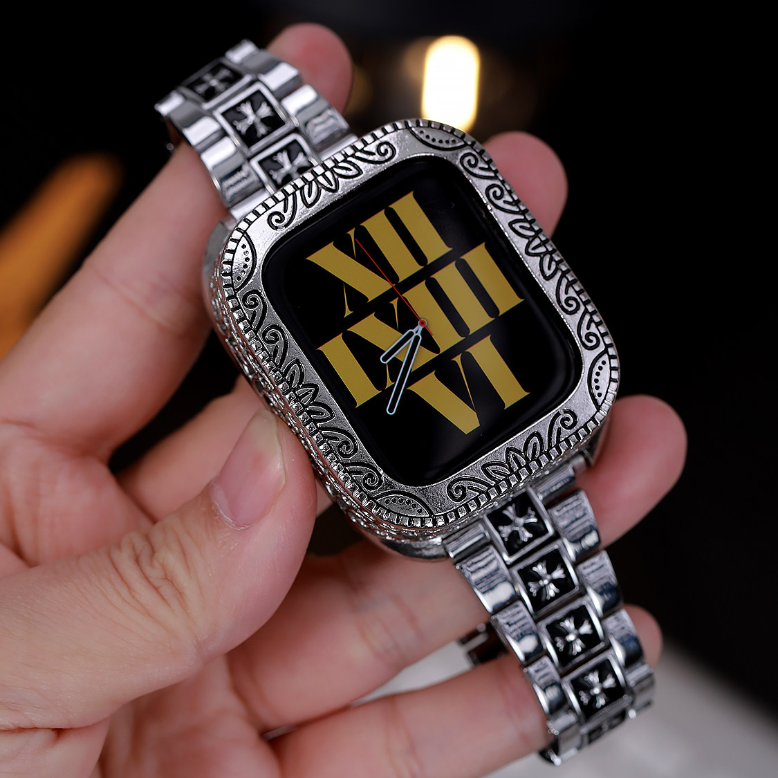 星图复古满浮雕镂空改装壳克罗心三株苹果金属手表带iwatch123456789se10/11ultra49mm46/44/45个性男女手镯