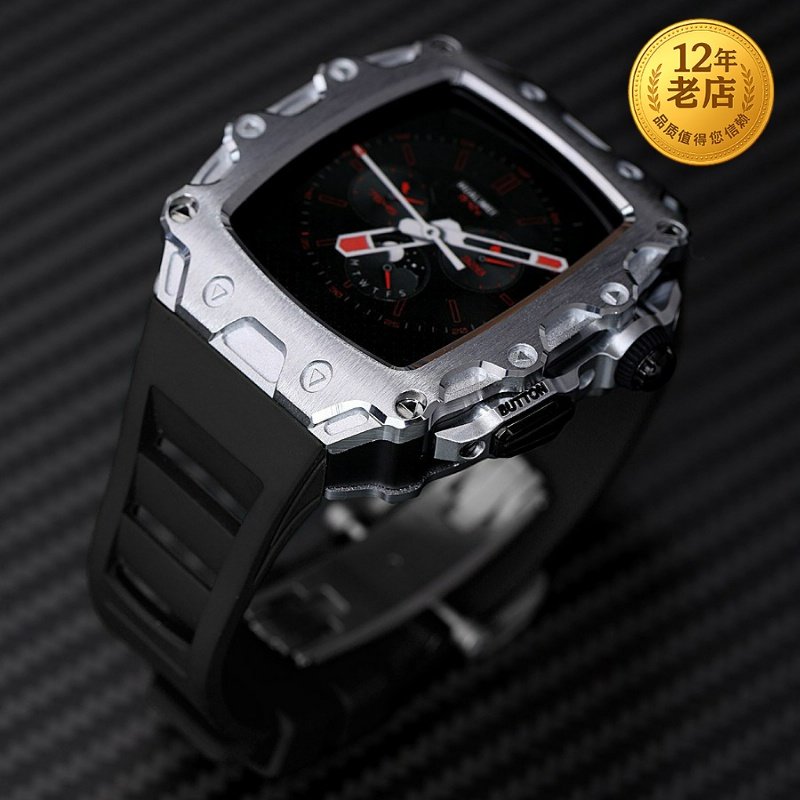 星图适用iwatch1234567se89s理查德rm保护金属硅胶不锈钢扣保护膜造改装applewatch手表带潮男女氟橡胶蝴蝶扣