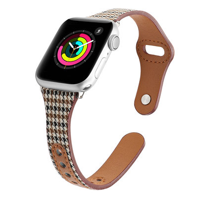 星图适用苹果手表小蛮腰帆布真皮表带38/40/41/42/44/45mm apple iwatch7SE6543缩身千鸟格