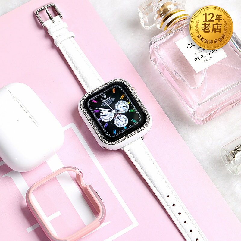 星图适用真皮荔枝纹苹果10iwatch123456se7s8表带applewatch46潮女mm42/40/44钢化膜壳一体钻壳保护套ultra49