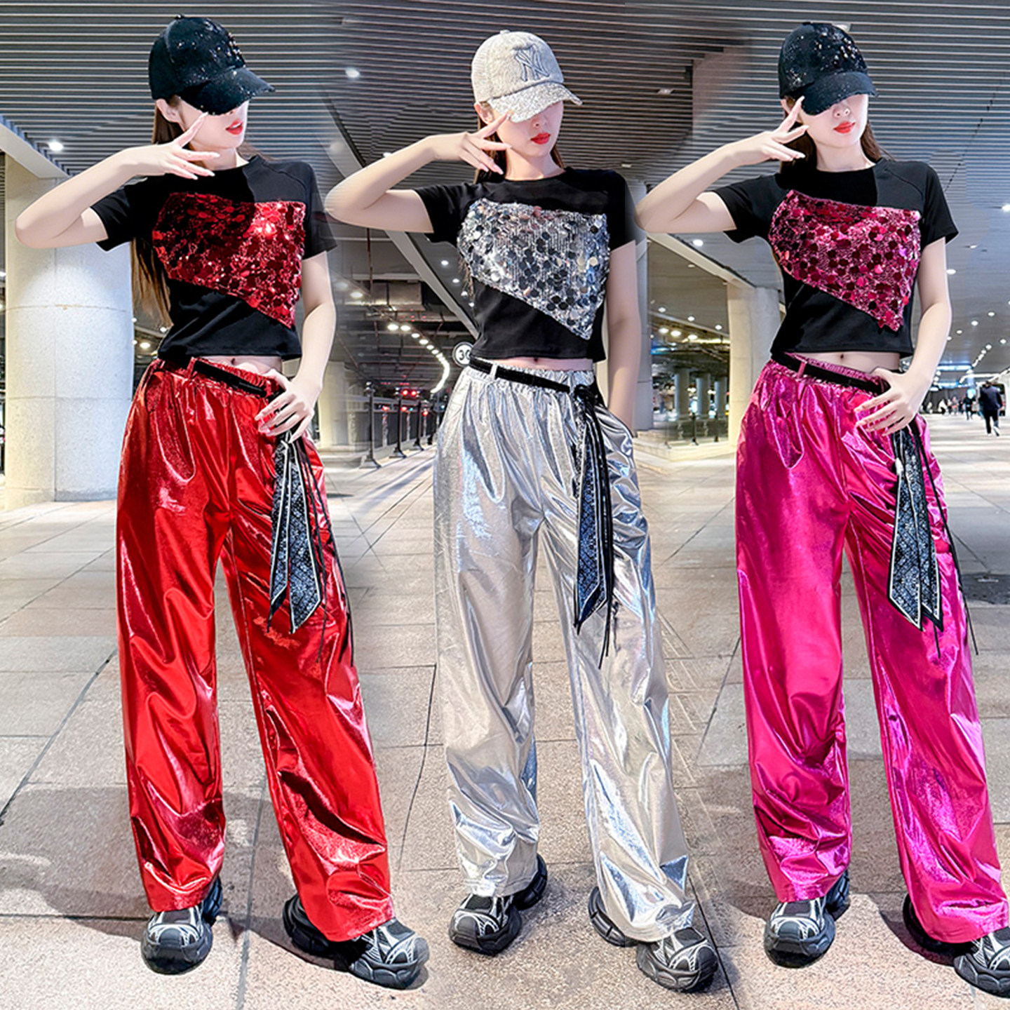 炫酷闪亮舞台装爵士舞演出服女团走秀表演服亮片上衣街舞裤子两件