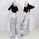 子潮 男女束脚炸街嘻哈秋冬学生街舞爵士舞银色亮面裤 hiphop工装 裤
