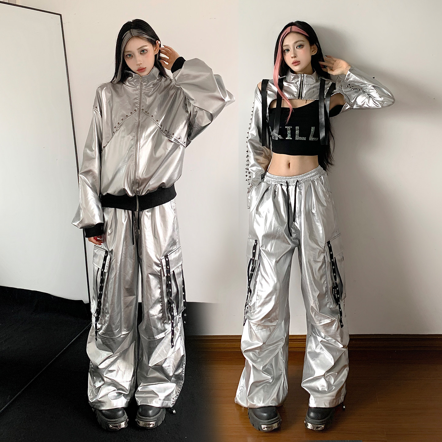 kpop女团演出服韩舞科技感打歌服爵士舞蹈服银色嘻哈机车辣妹套装
