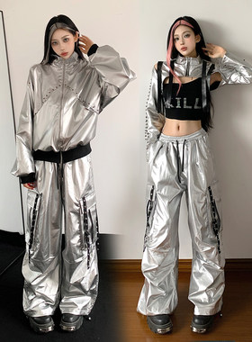 kpop女团演出服套装银色嘻哈机车