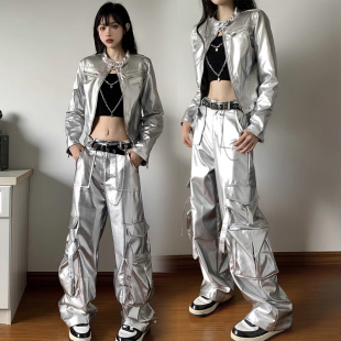 辣妹机车亮银长袖外套街舞工装裤表演服女生嘻哈现代舞练舞服套装