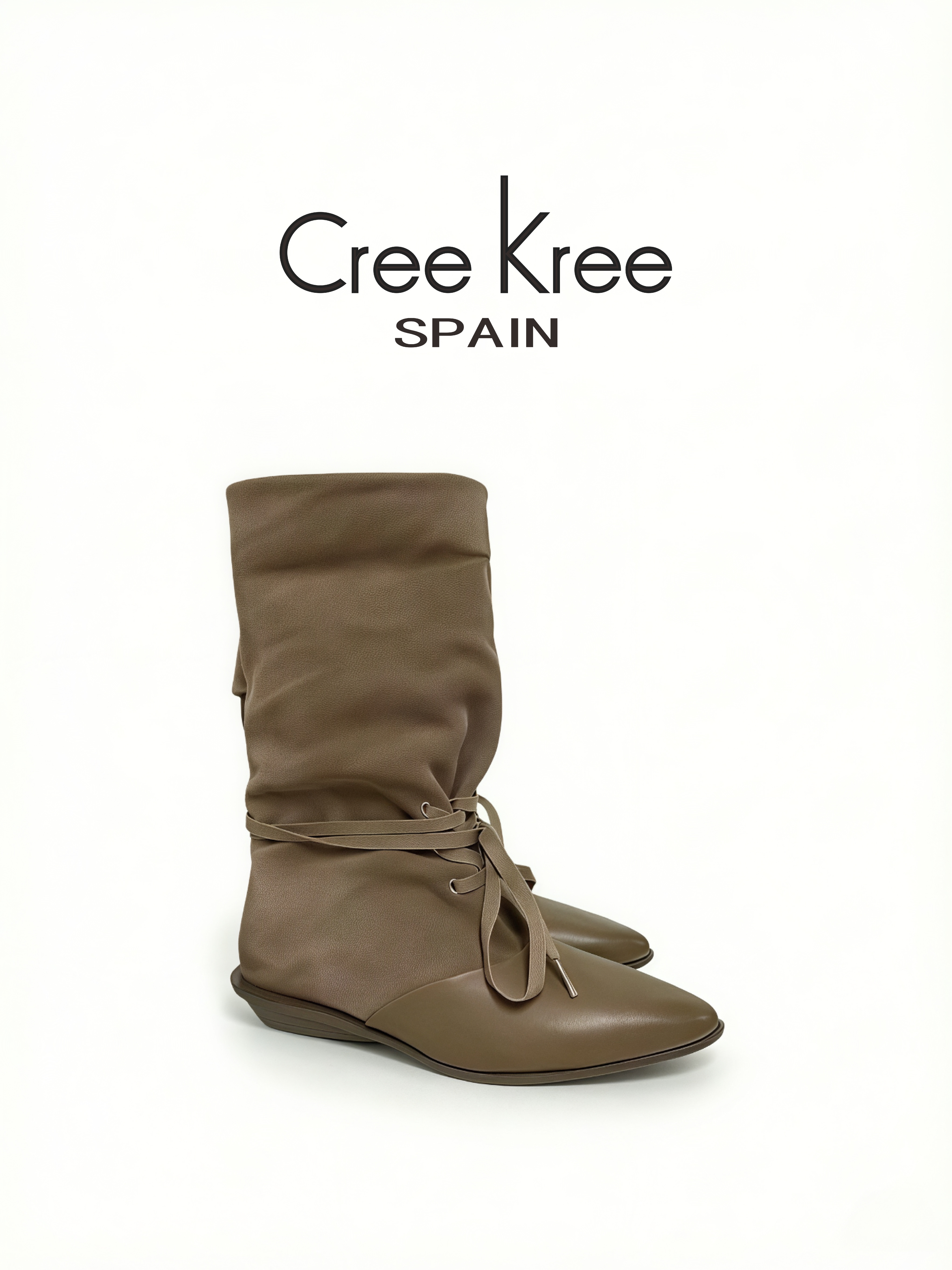 西班牙creekree2026新款时尚百搭尖头低跟一脚蹬绑带女马丁靴