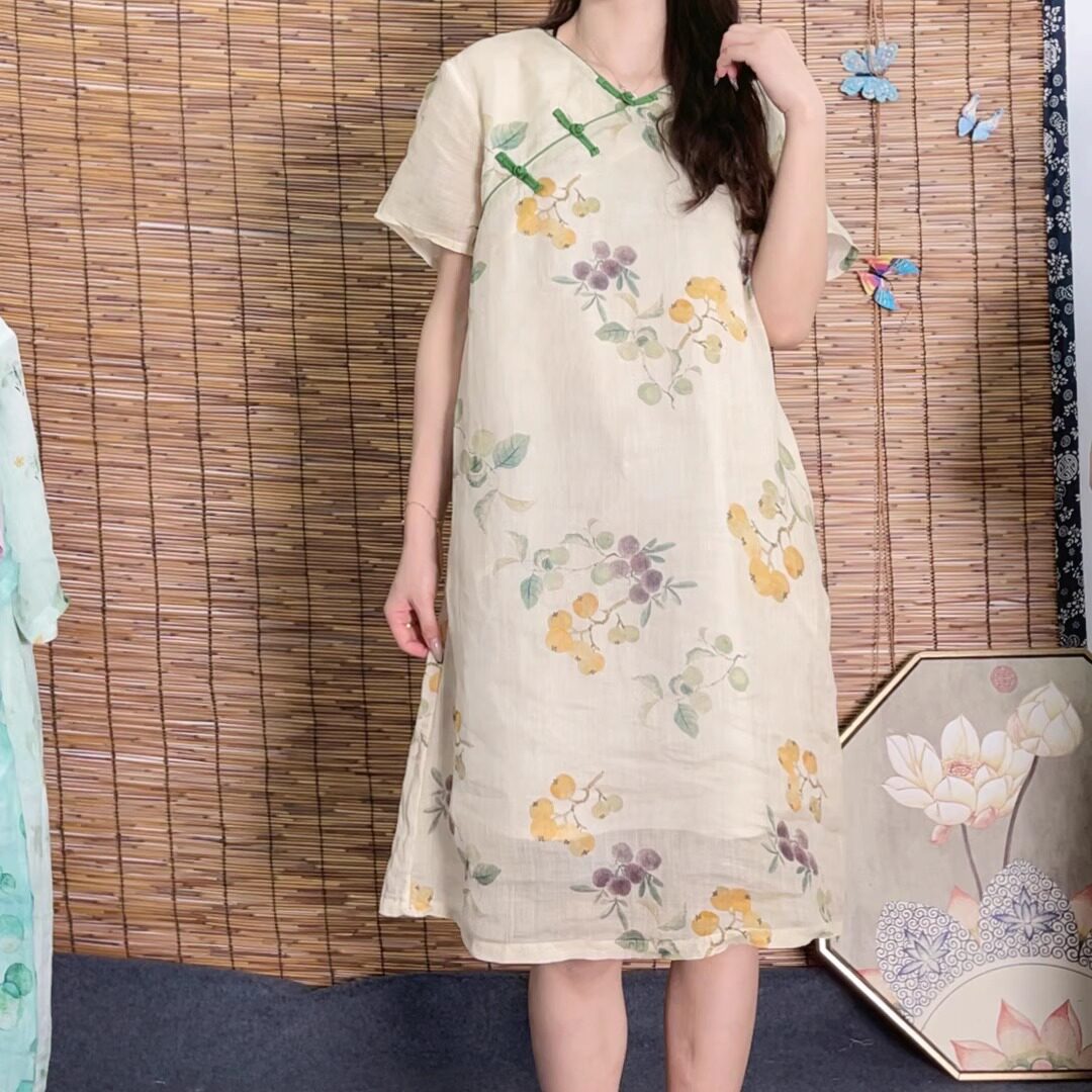 2025新款圆领原创印花新中式连衣裙