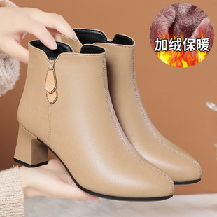 妈妈软底短靴高跟粗跟小个子女鞋子百搭棕色加绒棉鞋冬季中年皮鞋