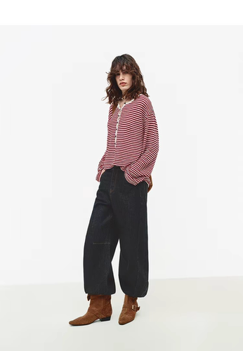 MOCO针织衫2026春新品棉麻竹节纱条纹宽松半开襟罩衫MBF1SWT059