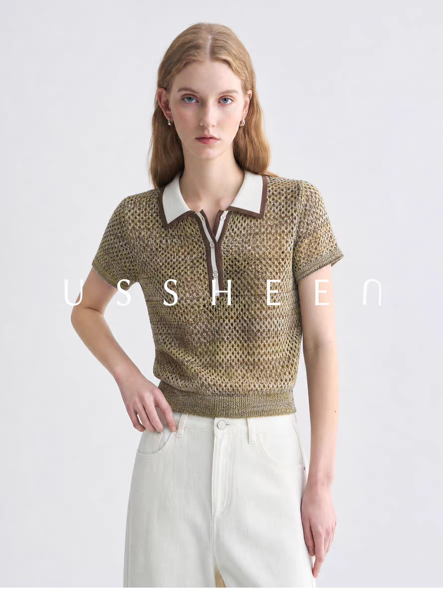 USSHEEN 老钱风撞色亚麻镂空针织polo衫女 美式复古翻领短袖上衣
