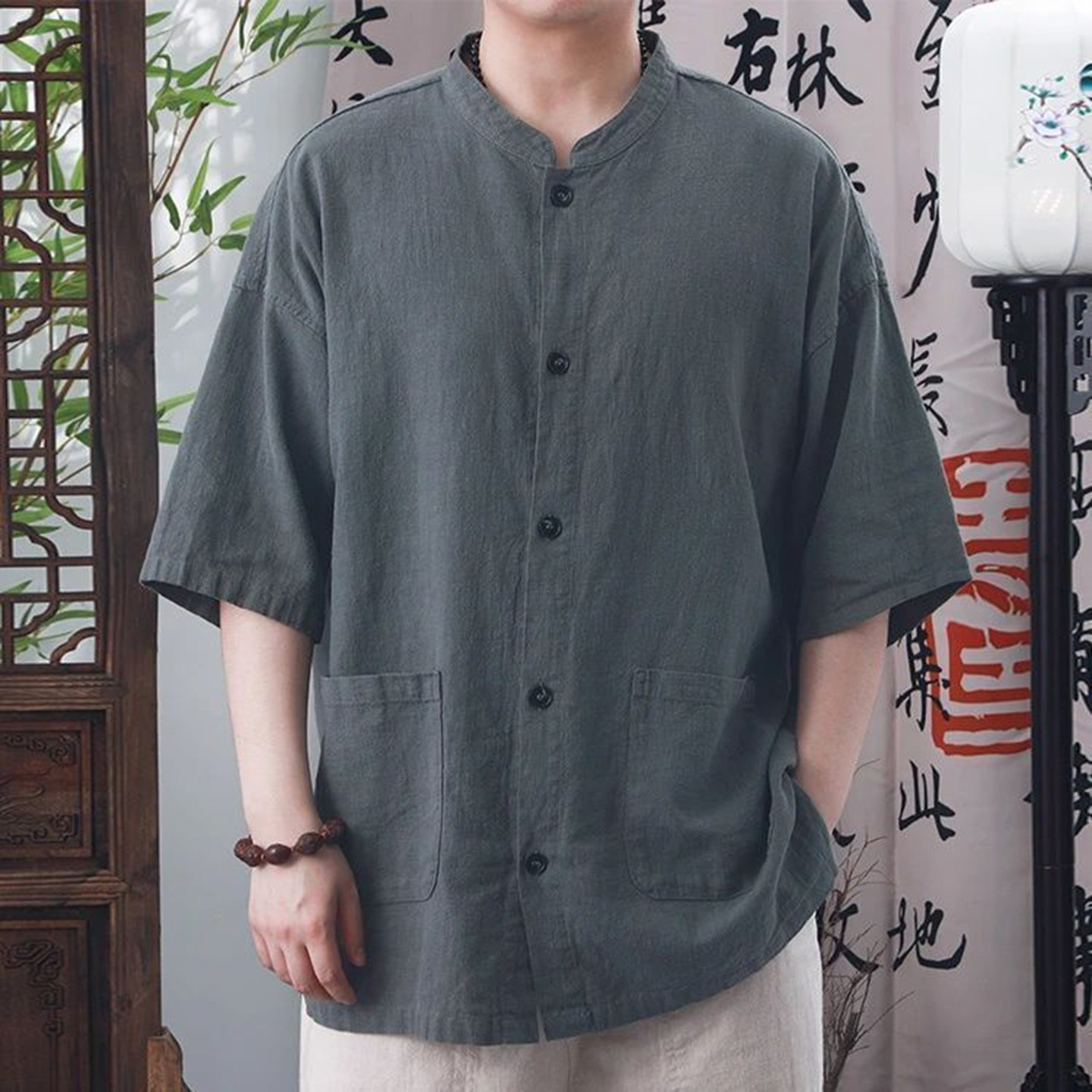 万苏旗舰店男装夏季新款国风上衣中式男士短袖复古衬衣立领衬衫潮