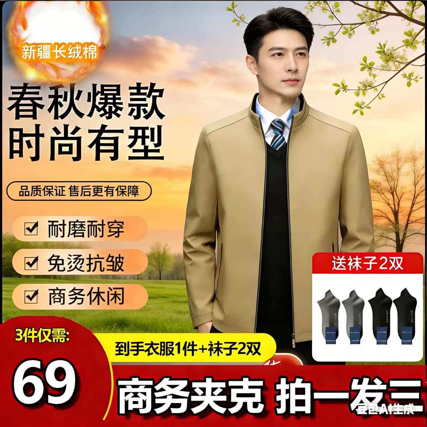 凯丽男装2026春秋新款商务夹克立领上衣服中年爸爸装男士西装外套