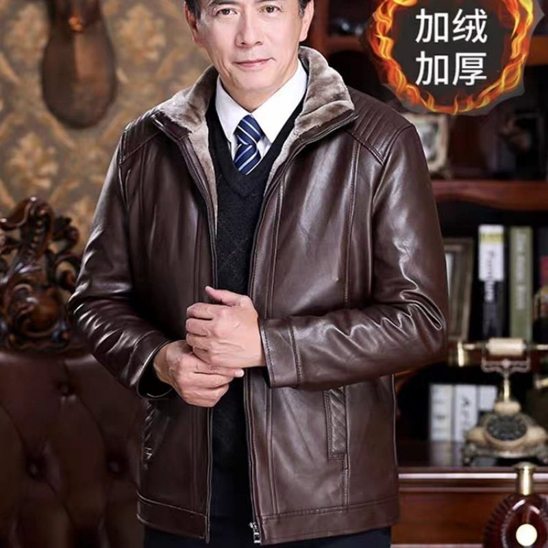 无距好物甄选男装中老年皮衣秋冬装外套爸爸装男士加绒加厚皮夹克