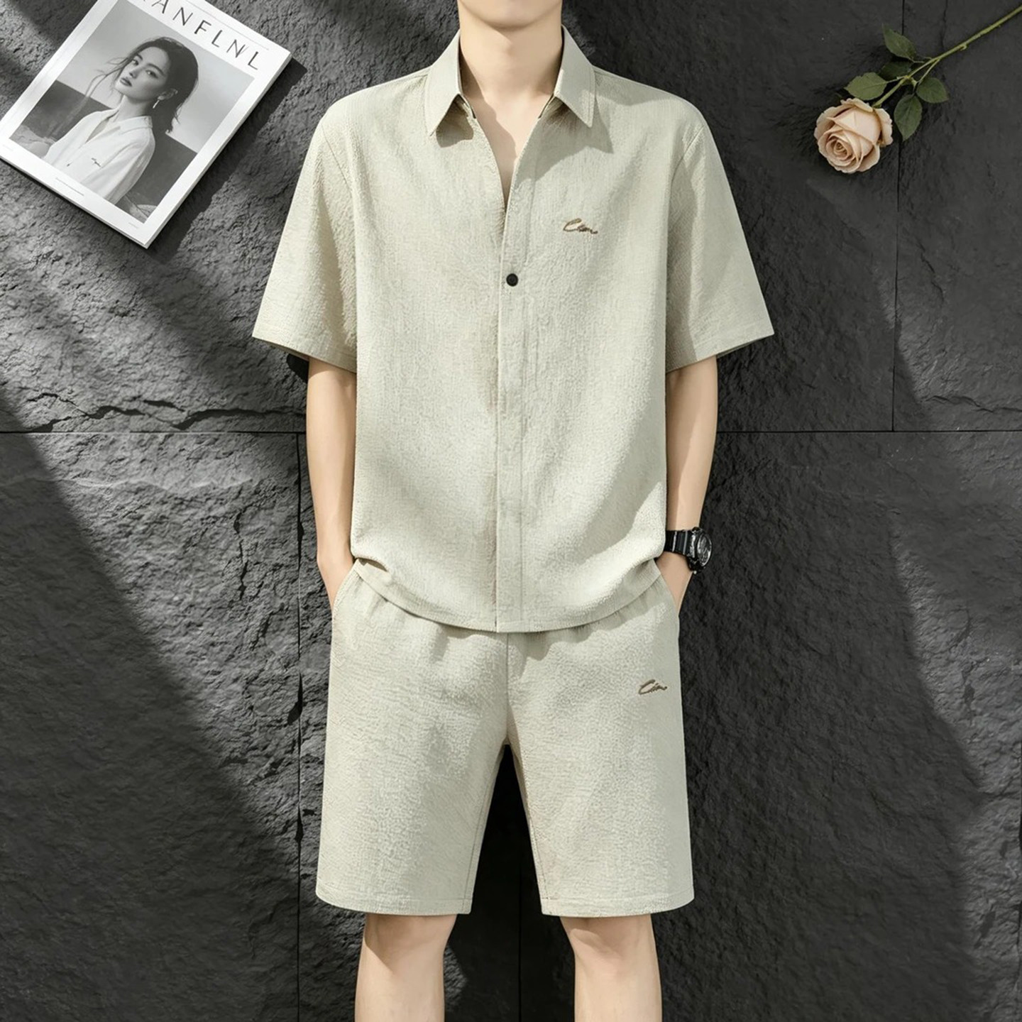 陆海丰工厂直销大码男装2026夏季新款两件套休闲短袖短裤痞帅服装
