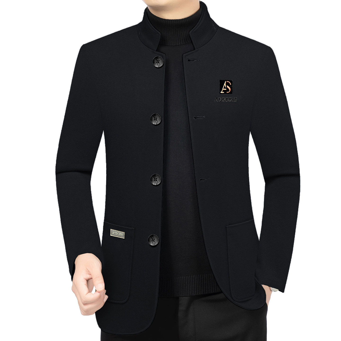 天骏百货冬季男士夹克立领休闲加绒大衣加厚呢子保暖外套中山正装