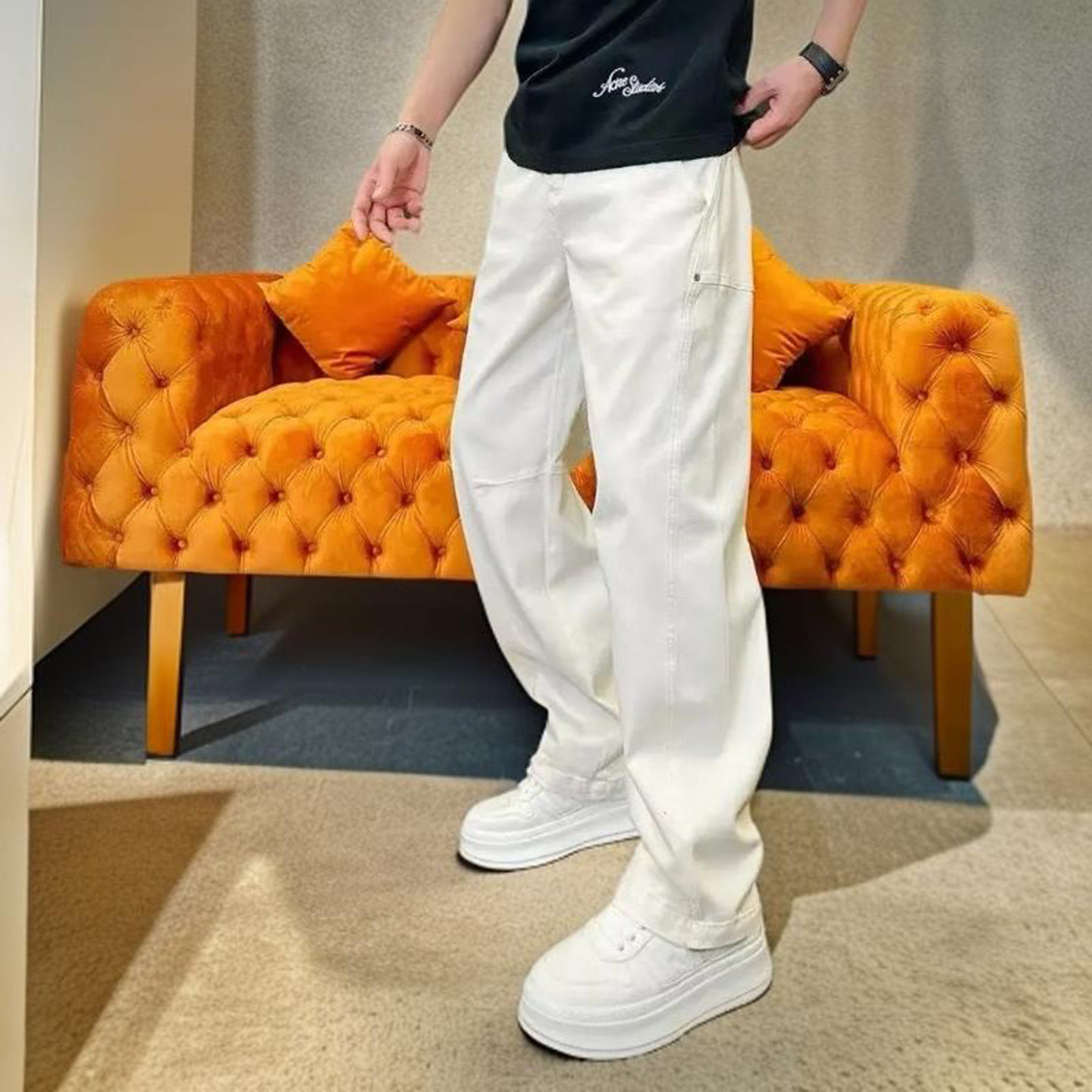 雪溪男装2026新款高品质休闲裤美式男士弯刀阔腿裤垂感工装牛仔裤