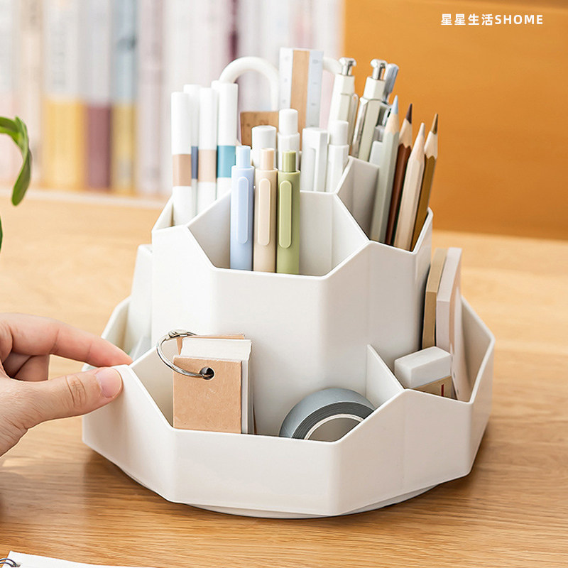 分格旋转大容量桌面笔筒
