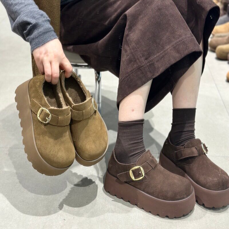 ig莱熙妮牛皮厚底勃肯鞋女2025新款秋冬加绒小个子松糕底单鞋