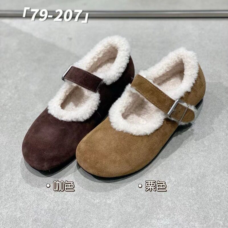 IG莱熙妮2025新款反绒皮毛勃肯鞋女一字扣带平底加绒玛丽珍鞋单鞋