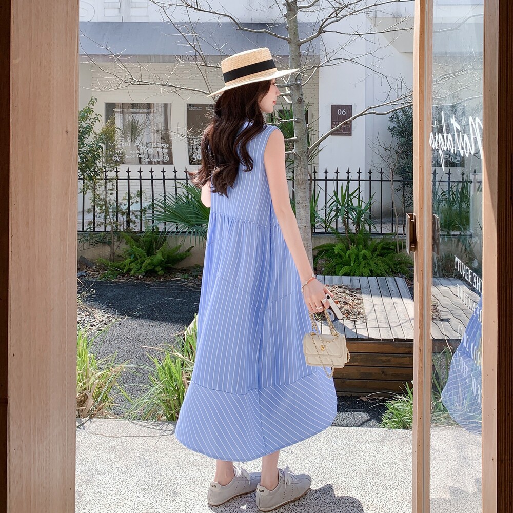 【现货】新品2D033-Q879-P125-K178无袖蓝条纹裙,女装连衣裙,2D033