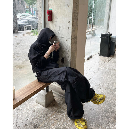 巴黎风格多口袋喇叭工装裤男潮牌Travis Scott同款可拆卸可变短裤